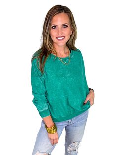 Our new French Terry Acid Wash Pullover is the perfect comfy top for a casual day! It features an acid wash giving it a vintage look, boat neck, and long sleeves. Fit is true to size. Kourtney is in a medium in green and pink, but small in black and blue. She preferred the medium for length and relaxed fit. 100% Cotton. Machine wash cold, gentle cycle, tumble dry low. Size Measurement (inch): S: 24.0 (Bust), null (Waist), null (Hips), 21.0 (Length) M: 24.5 (Bust), null (Waist), null (Hips), 21.5 (Length) L: 25.0 (Bust), null (Waist), null (Hips), 22.0 (Length) Winter Washed Long Sleeve Tops, Green Relaxed Fit Long Sleeve Crew Neck Top, Acid Wash Long Sleeve Soft-washed Tops, Acid Wash Soft-washed Long Sleeve Tops, Trendy Long Sleeve Washed Top, Green Long Sleeve Sweatshirt For Layering, Green Washed Cotton Sweatshirt, Acid Wash Long Sleeve Tops, Acid Wash Long Sleeve Tops For Fall