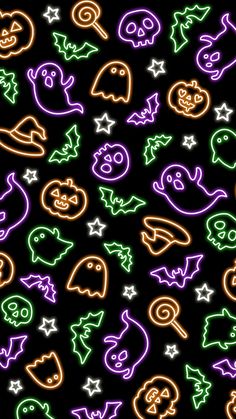 halloween seamless background with ghost, pumpkins and stars in neon colors on black