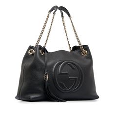 This beautiful Gucci Soho Chain Tote is made of black leather and features gold-tone details and chain straps, an open top with a hook closure, and zippered and slip pockets inside. The Bag is best  over the shoulder. Gucci Soho Bag, Gucci Soho, Girly Bags, Timeless Handbag, Luxe Fashion, Vuitton Bag, Bags Designer Fashion, Black Bag, Exclusive Bag