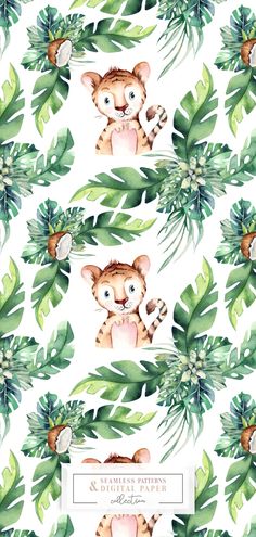 a watercolor tiger pattern with green leaves