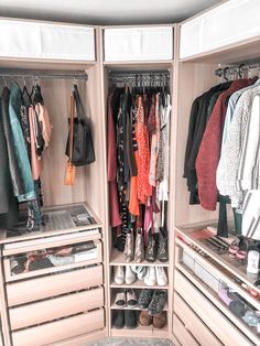 an organized closet with shoes and handbags