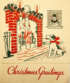 an old christmas card with a dog sitting in front of a fireplace