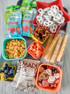 an assortment of snacks laid out on a tray