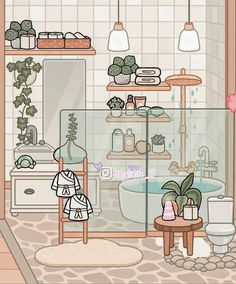 the bathroom is decorated in pastel colors and has potted plants on the shelves