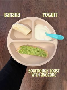 a person holding a plate with food on it and the words yogurt, sourdough toast with avocado