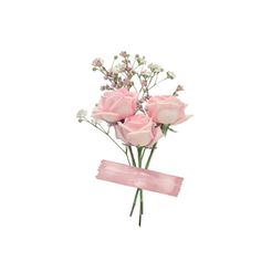 some pink roses are sitting in a vase on a white surface with a ribbon around it