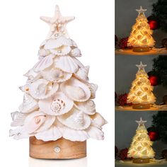 three pictures of a christmas tree made out of shells and seashells, with the top lit up