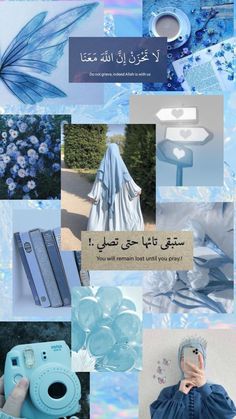 the collage shows blue and white images with flowers, butterflies, and other things