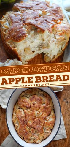 baked artisan apple bread in a white bowl with the title above it and an image of