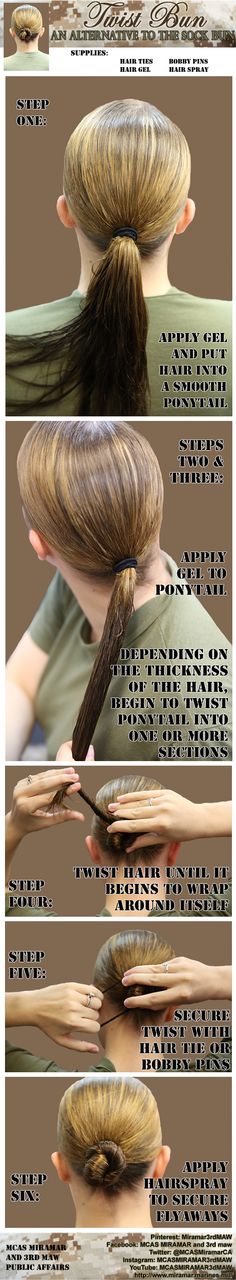 Not a fan of the sock bun? Try this alternative to the traditional military hairstyle. This works great on long or thin hair, but this style can be adapted to all hair types.  For more Marine Corps stories, photos and how-to guides, follow MCAS Miramar and 3rd Marine Aircraft Wing: http://www.pinterest.com/miramar3rdmaw/. How To Do An Army Bun, Police Bun Hair, How To Do A Military Bun, Army Bun Hairstyles, Rotc Hair Styles, Jrotc Hairstyles, Military Bun Hairstyles, Types Of Hair Bun, Military Bun