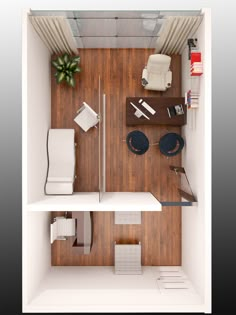 an overhead view of a living room and bedroom in a tiny apartment with wood flooring