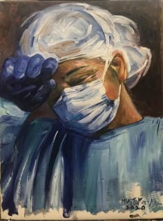 an oil painting of a woman wearing a surgical mask and blue gloves on her head