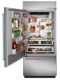 an open refrigerator with food and drinks in it