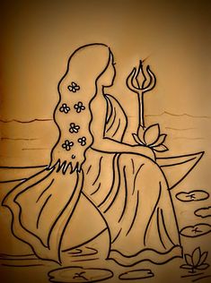 a drawing of a woman sitting on a boat in the water holding a lit candle