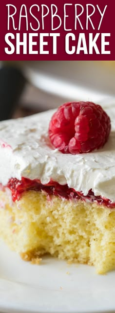 raspberry sheet cake on a white plate with the rest of the cake in the background