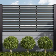 three small trees are in front of a wooden slatted fence on the side of a building