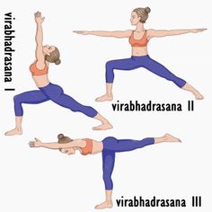 a woman doing yoga poses in different positions, with the words virbadasana written below