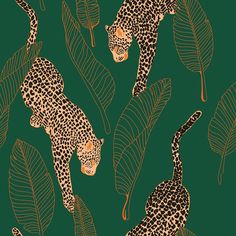 leopards and palm leaves on a green background