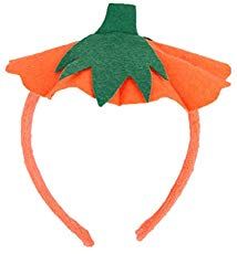 an orange and green headband with leaves on the top, attached to a white background