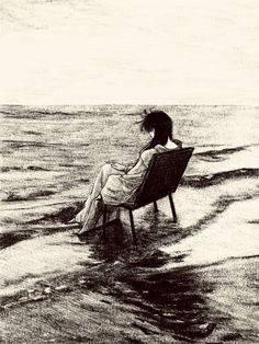 a drawing of a woman sitting in a chair on the beach looking out at the ocean