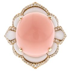 Decorate yourself in elegance with this Ring is crafted from 14K Yellow Gold by Gin & Grace. This Ring is made up of Oval-Cab (1 pcs) 8.06 carat Pink Opal and Round-cut White Diamond (84 pcs) 0.23 and White Agate(8 pcs) 1.54 carat. This Ring weighs 4.22 grams. This delicate Ring is polished to a high finish shine. Gem Cuts, Pink Opal Ring, Beach Jewellery, Gold Book, Jewelry Staples, Jared The Galleria Of Jewelry, Sparkly Jewelry, Sparkly Things, Modern Ring