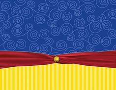 a blue and yellow background with swirls and a red bow on the top of it