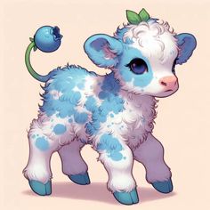 a blue and white baby cow standing next to a flower