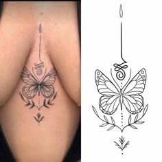 the back of a woman's stomach with butterfly tattoos on her chest and an image of