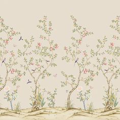 the wallpaper is decorated with birds and flowers on it's sides, along with small trees