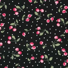 a black background with pink flowers and white polka dots on the bottom half of it