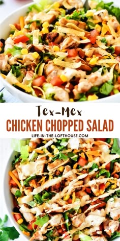 chicken chopped salad with lettuce and tomatoes in a white bowl