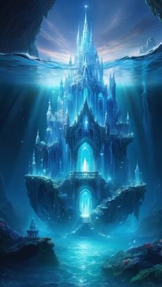 an underwater castle in the middle of water