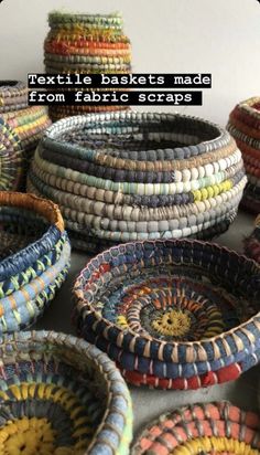 baskets made from fabric scraps are stacked on top of each other with the words textile baskets made from fabric scraps