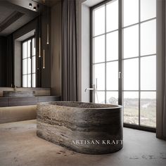 a bath tub sitting in the middle of a bathroom next to a window with curtains