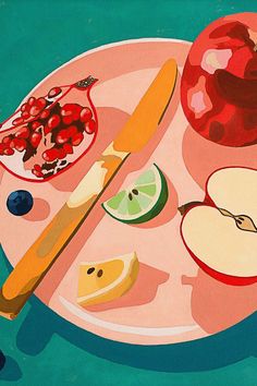 a painting of apples, oranges and other fruit on a pink plate with a knife