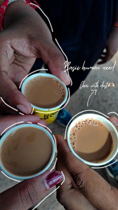 three people holding coffee cups in their hands with instructions on how to use them for hot drinks