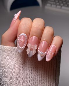 So coquette so girly pop 🎀 —— #nailart #coquettenails #bownails #nails Trendy Girly Nails, Gel Nails Coquette, Pop Nails Designs, Easy Coquette Nails, Cute Nails With Bows, Coquette Almond Nails, White And Pink Nail Designs, Crochet Nails, Coquette Nail Ideas