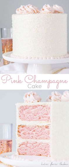 two pictures of a pink cake with white frosting