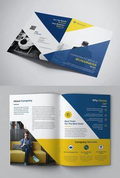 an open brochure with blue and yellow accents