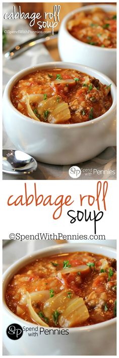 cabbage roll soup in a white bowl with spoons