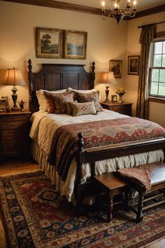 a large bed in a bedroom next to two lamps