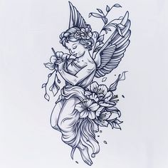 Premium Cherub Tattoo Files Angels And Flowers Tattoo, Thigh Line Tattoos Women, Pretty Girly Tattoos, See Nothing Hear Nothing Tattoo, Garden Theme Sleeve Tattoo, Front Stomach Tattoos For Women, Cherub With Flowers Tattoo, Iconic Tattoo Ideas, Front Thigh Cover Up Tattoo Women