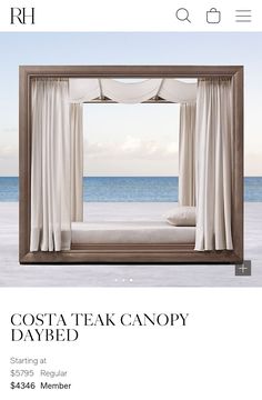 an advertisement for the costa teak canopy bed in front of the ocean with white drapes