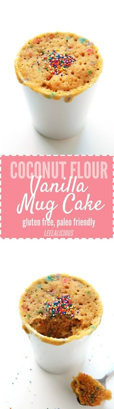 coconut flour cake with sprinkles in a white bowl on a pink and white background