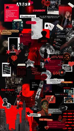 a collage of various images and text on black paper with red, white and grey colors