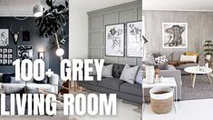 a living room with grey walls and pictures on the wall above it that says, 100 + gray living room