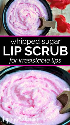 whipped sugar lip scrub in a black bowl with a wooden spoon and red flowers on the side