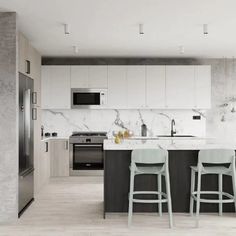 a kitchen with marble counter tops and stools