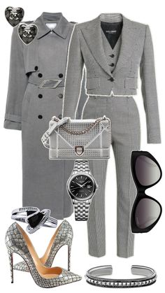 a woman in grey suit and sunglasses is wearing high heeled shoes, silver accessories