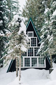 a cabin in the woods with snow on the ground and trees around it, surrounded by evergreens